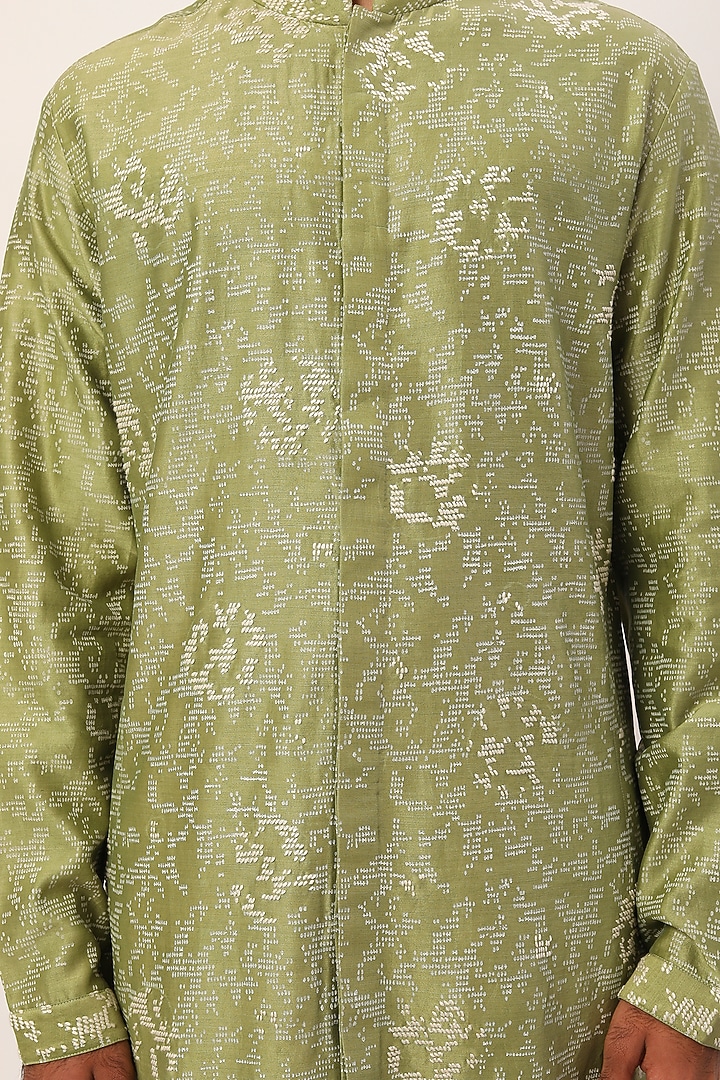 Mehendi Green Chanderi Block Printed & Hand Embroidered Kurta Set by Countrymade at Pernia's Pop Up Shop