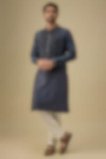Navy Blue Chanderi Hand Embroidered Kurta Set by Countrymade at Pernia's Pop Up Shop