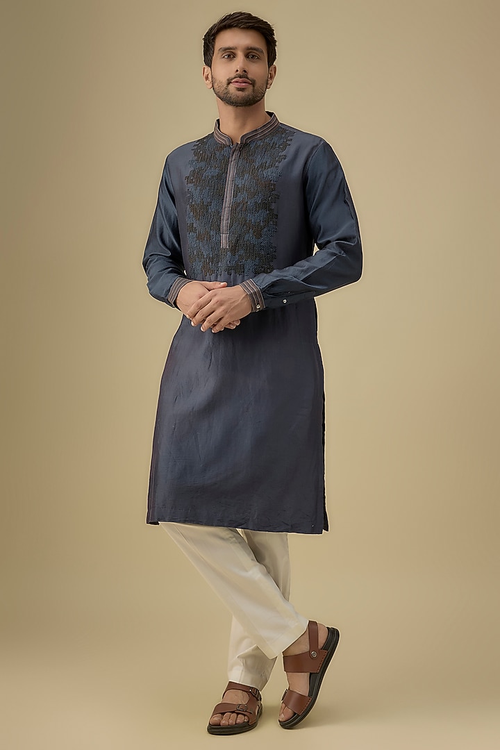 Navy Blue Chanderi Hand Embroidered Kurta Set by Countrymade at Pernia's Pop Up Shop