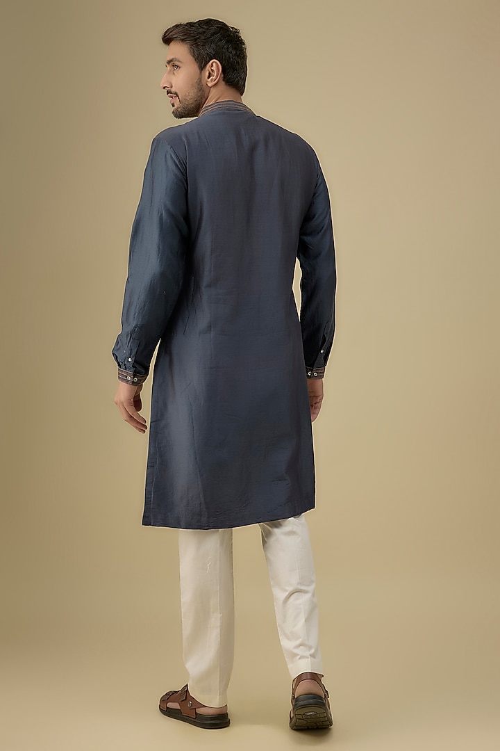 Navy Blue Chanderi Hand Embroidered Kurta Set by Countrymade at Pernia's Pop Up Shop