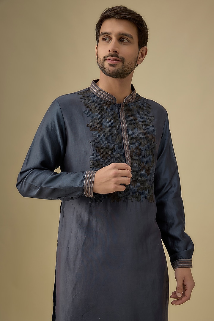 Navy Blue Chanderi Hand Embroidered Kurta Set by Countrymade at Pernia's Pop Up Shop