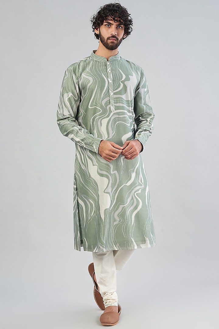 Sage Green Chanderi Printed Kurta Set by Countrymade at Pernia's Pop Up Shop