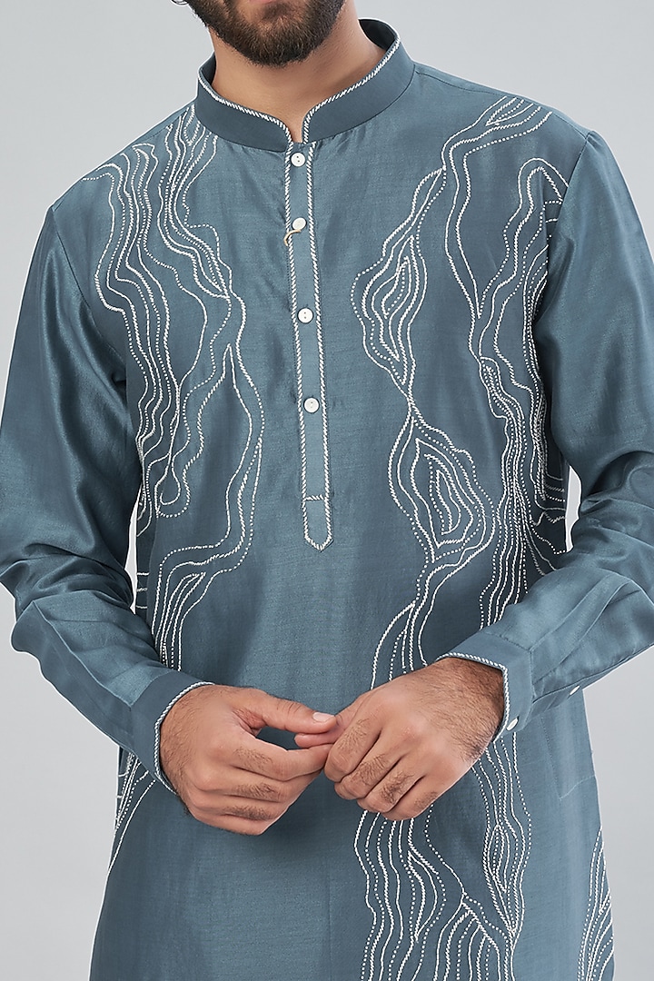 Cobalt Blue Chanderi Embroidered Kurta Set by Countrymade at Pernia's Pop Up Shop