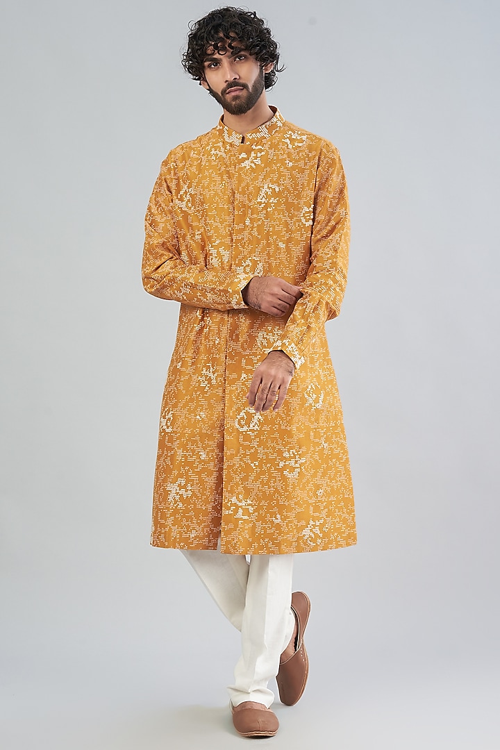Mustard Chanderi Embroidered Front Open Kurta Set by Countrymade at Pernia's Pop Up Shop