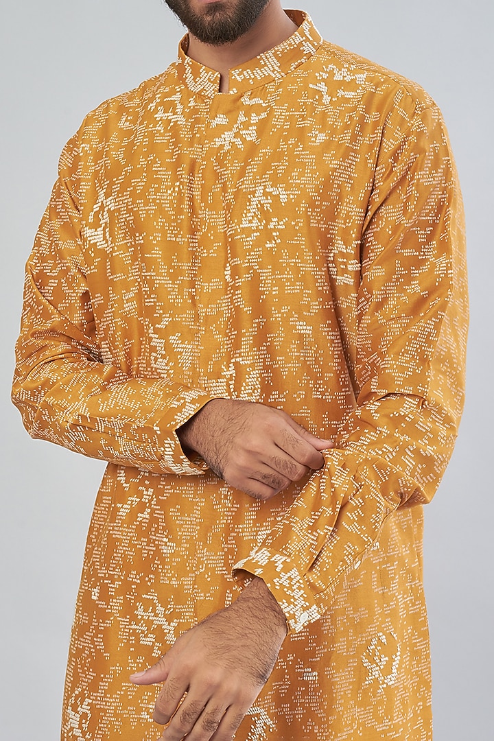 Mustard Chanderi Embroidered Front Open Kurta Set by Countrymade at Pernia's Pop Up Shop