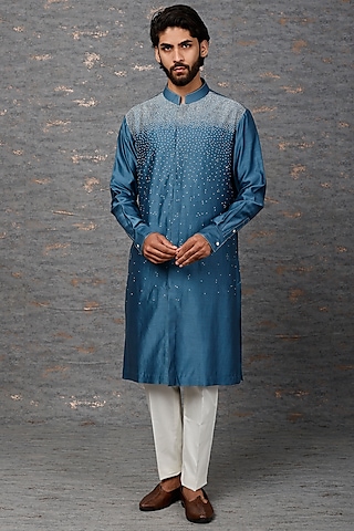 Blue Chanderi Embroidered Kurta Set by Countrymade