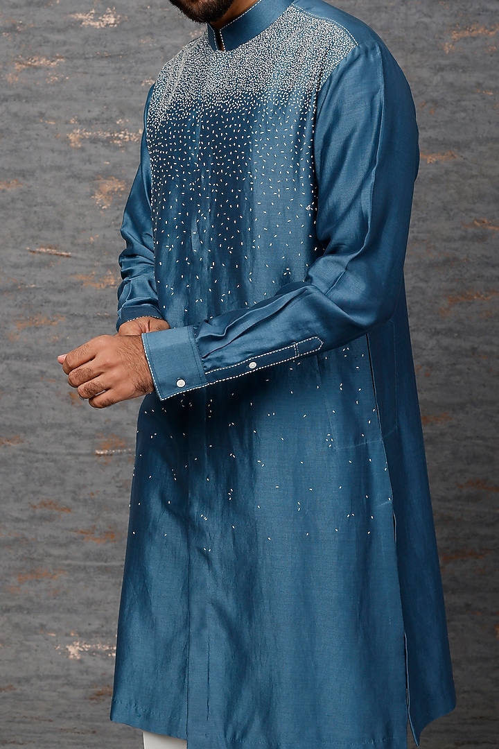 Blue Chanderi Embroidered Kurta Set by Countrymade at Pernia's Pop Up Shop