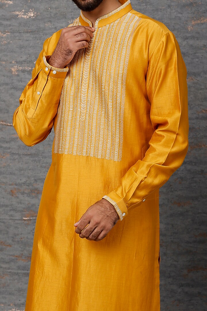 Mustard Chanderi Embroidered Kurta Set by Countrymade at Pernia's Pop Up Shop