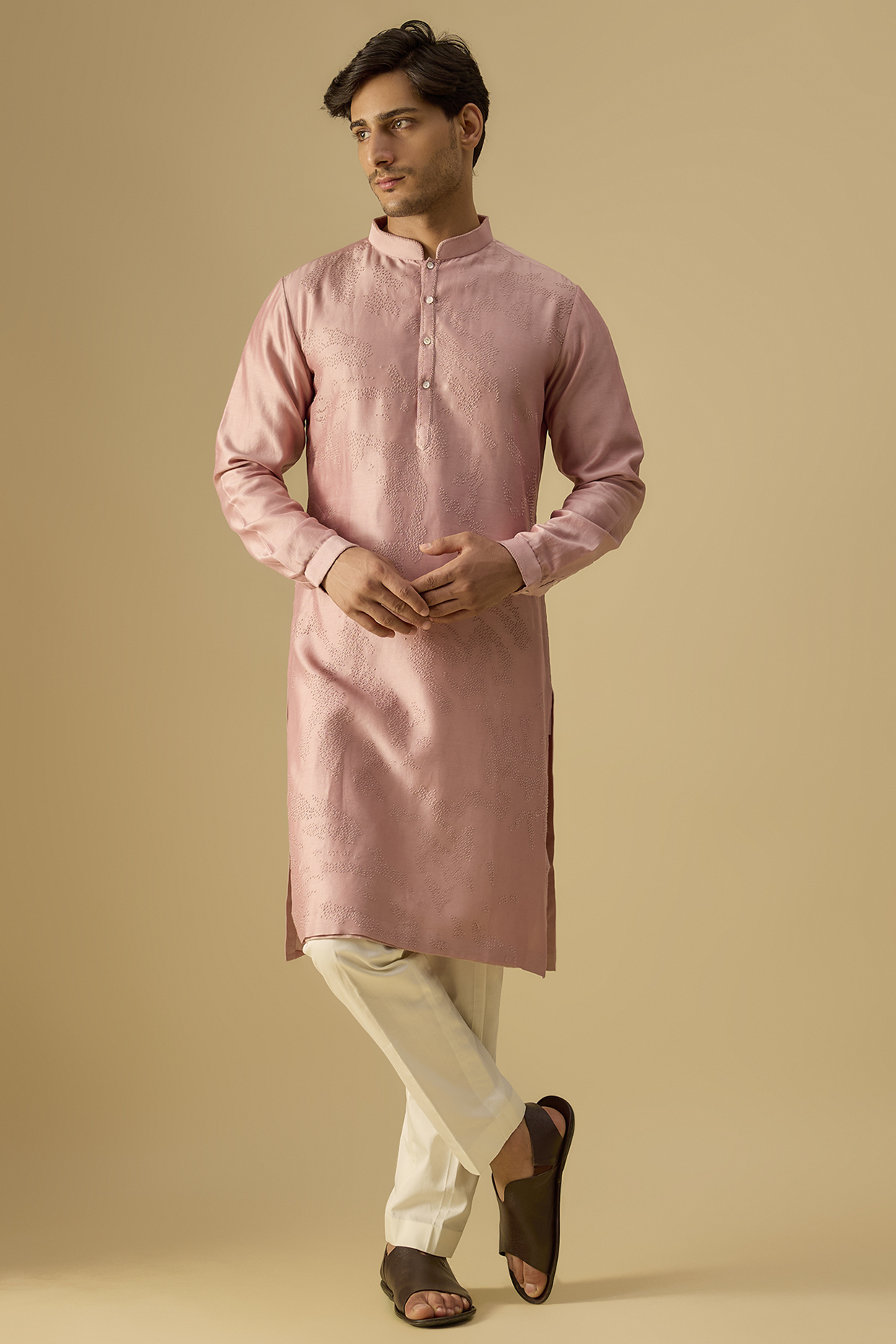 Old Rose Chanderi Embroidered Kurta Set by Countrymade