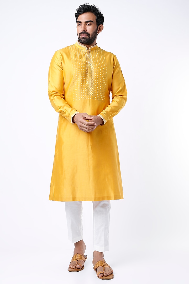 Mustard Aari Hand Embroidered Kurta by Countrymade