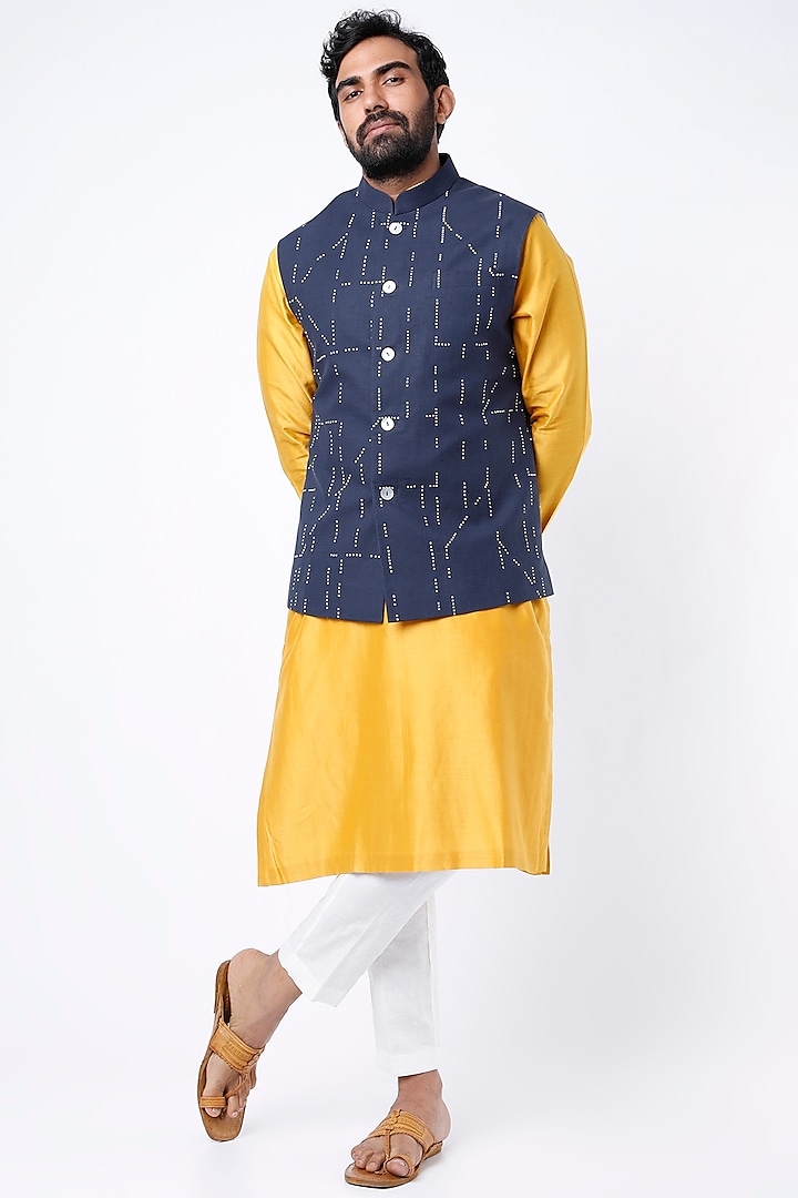 Navy Blue Hand Embroidered Bundi Jacket by Countrymade