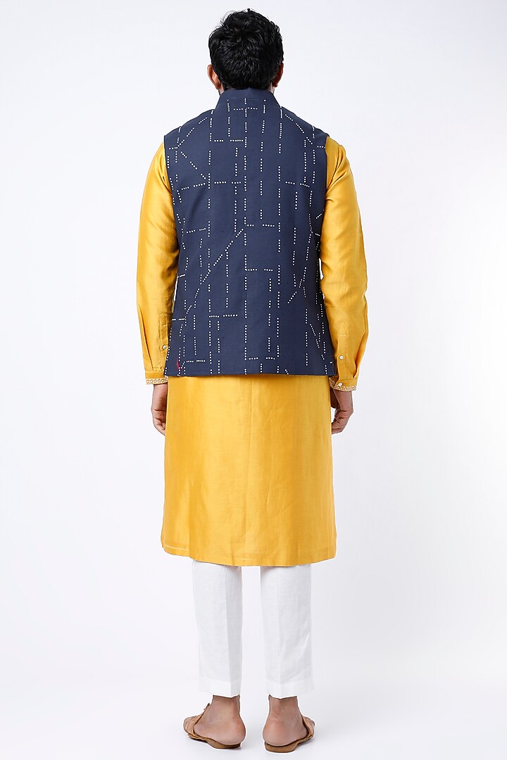 Navy Blue Linen Cotton Hand Embroidered Bundi Jacket by Countrymade at Pernia's Pop Up Shop