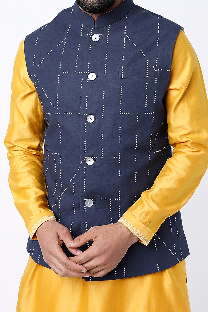 Navy Blue Linen Cotton Hand Embroidered Bundi Jacket by Countrymade at Pernia's Pop Up Shop
