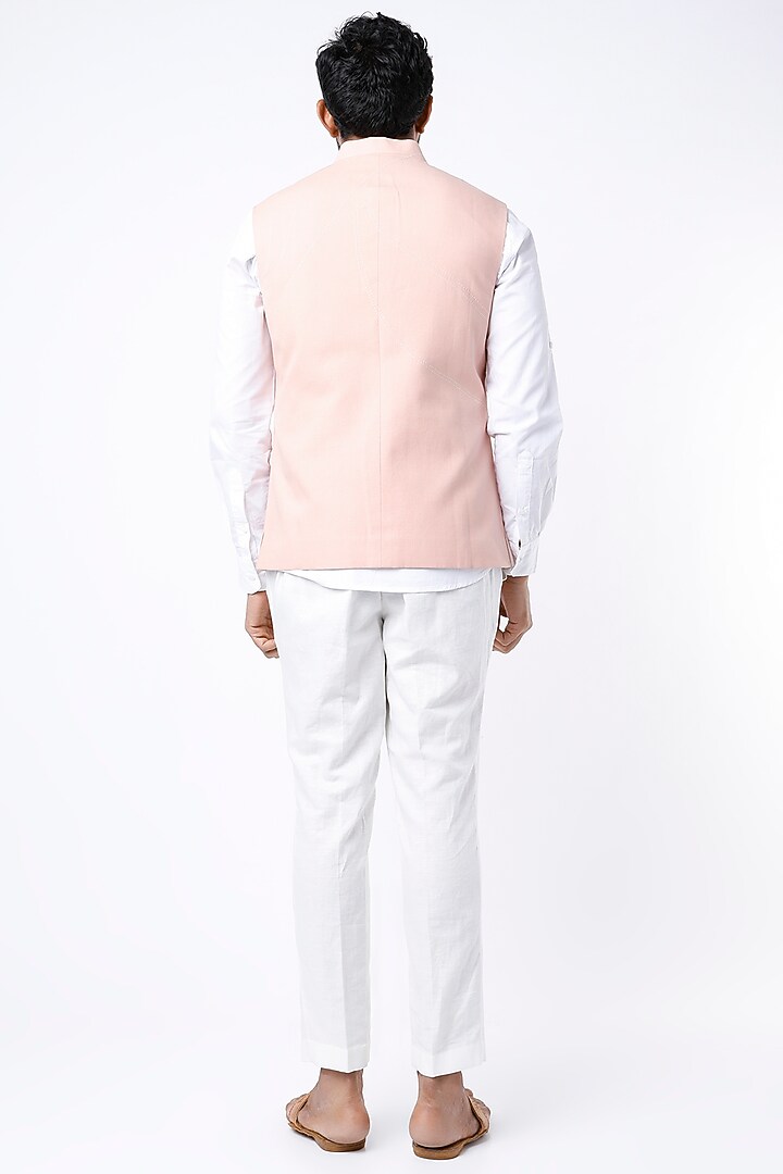 Baby Pink Linen Cotton Hand Embroidered Bundi Jacket by Countrymade at Pernia's Pop Up Shop