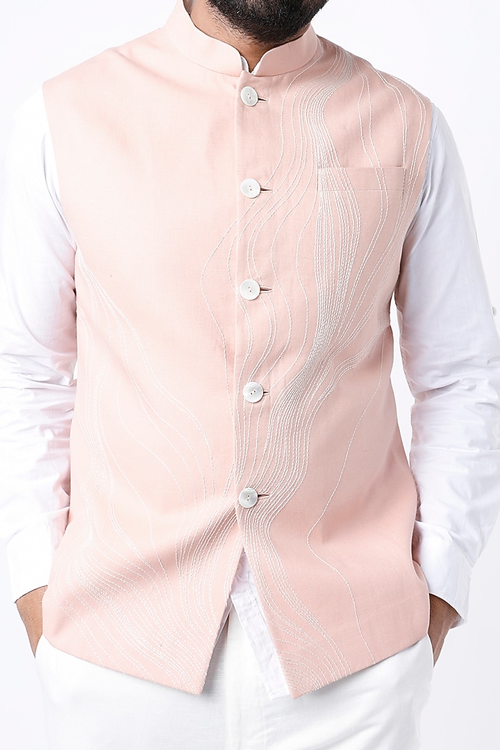 Baby Pink Linen Cotton Hand Embroidered Bundi Jacket by Countrymade at Pernia's Pop Up Shop
