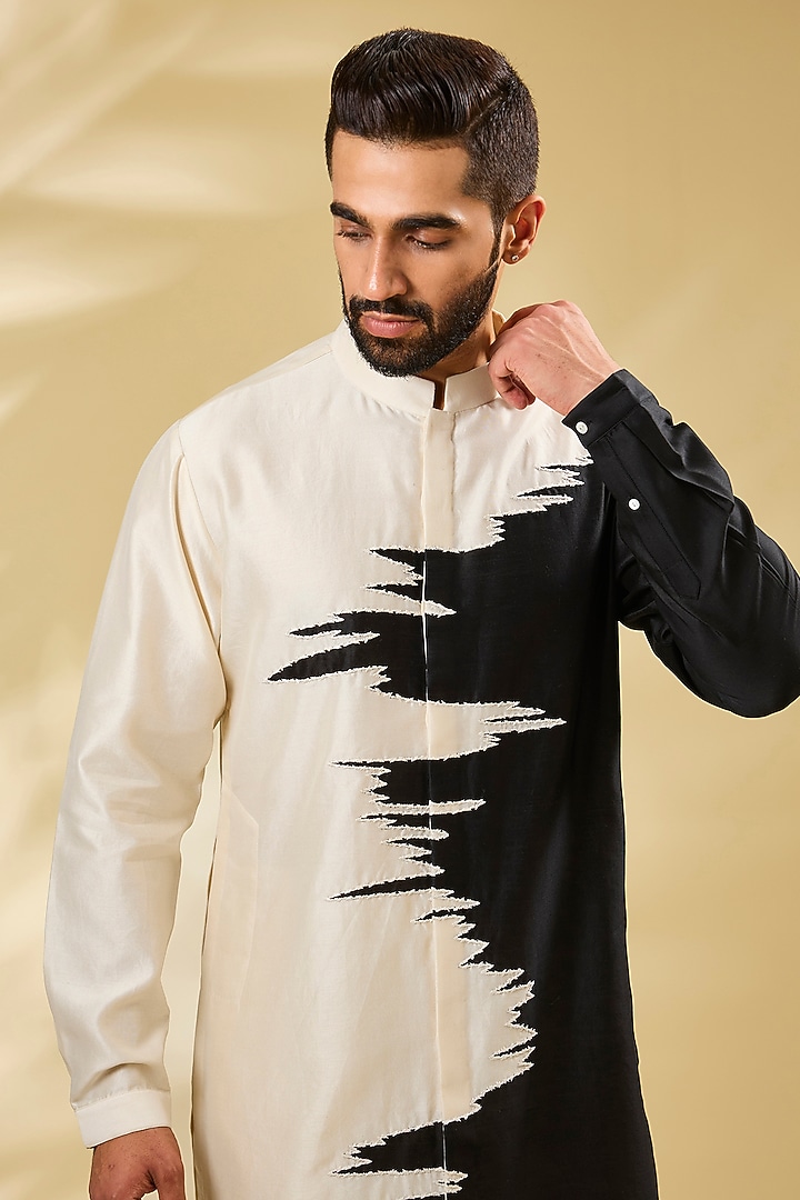 Ivory & Black Chanderi Embroidered Kurta Set by Countrymade at Pernia's Pop Up Shop