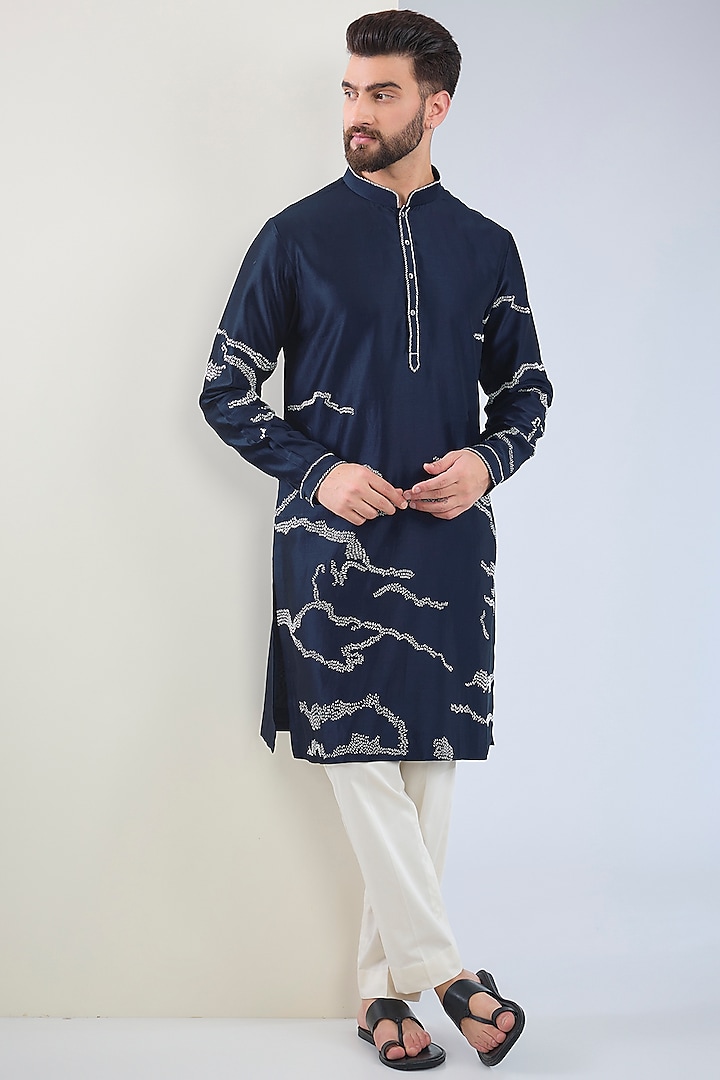 Navy Blue Chanderi Block Printed & Hand Embroidered Kurta Set by Countrymade