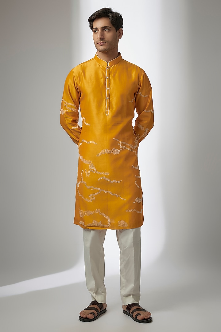 Yellow Chanderi Hand Embroidered & Block Printed Kurta Set by Countrymade