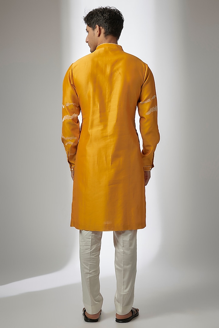 Yellow Chanderi Hand Embroidered Kurta Set by Countrymade at Pernia's Pop Up Shop