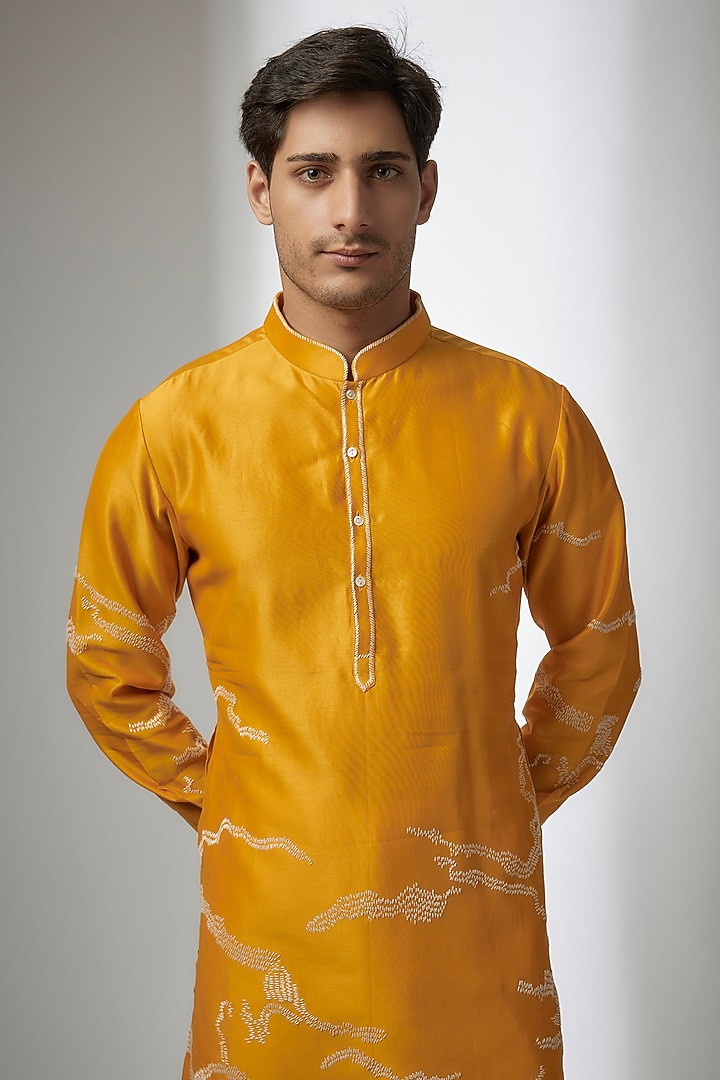 Yellow Chanderi Hand Embroidered Kurta Set by Countrymade at Pernia's Pop Up Shop