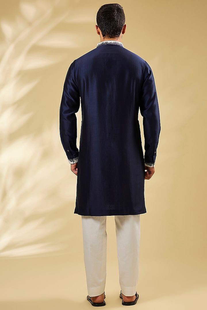 Navy Blue Chanderi Embroidered Kurta Set by Countrymade at Pernia's Pop Up Shop