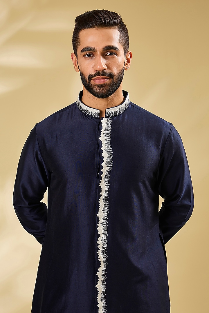 Navy Blue Chanderi Embroidered Kurta Set by Countrymade at Pernia's Pop Up Shop