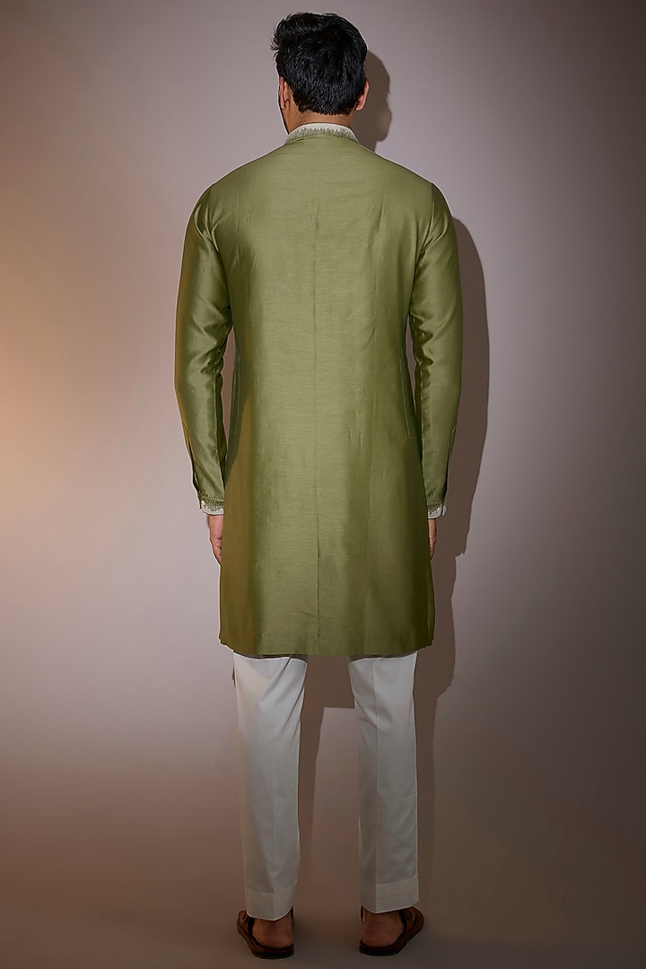 Sage Green Chanderi Hand Embroidered Kurta Set by Countrymade at Pernia's Pop Up Shop