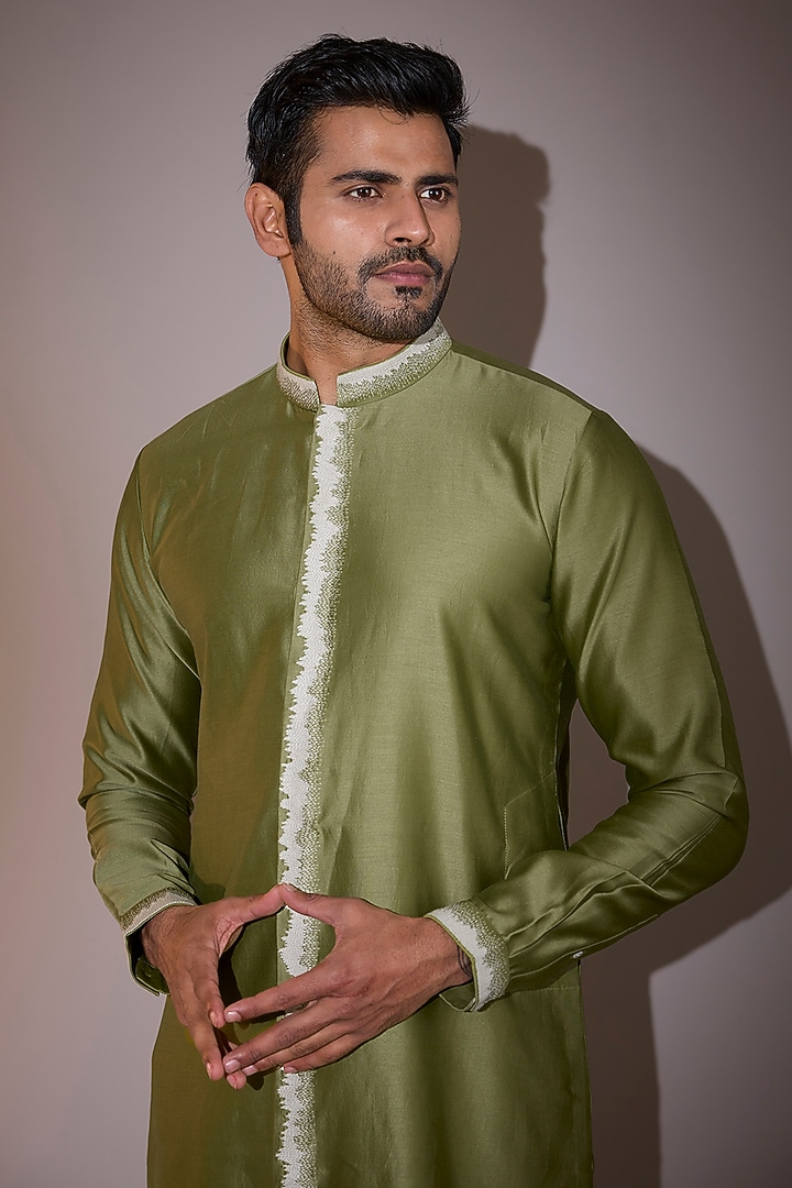 Sage Green Chanderi Hand Embroidered Kurta Set by Countrymade at Pernia's Pop Up Shop