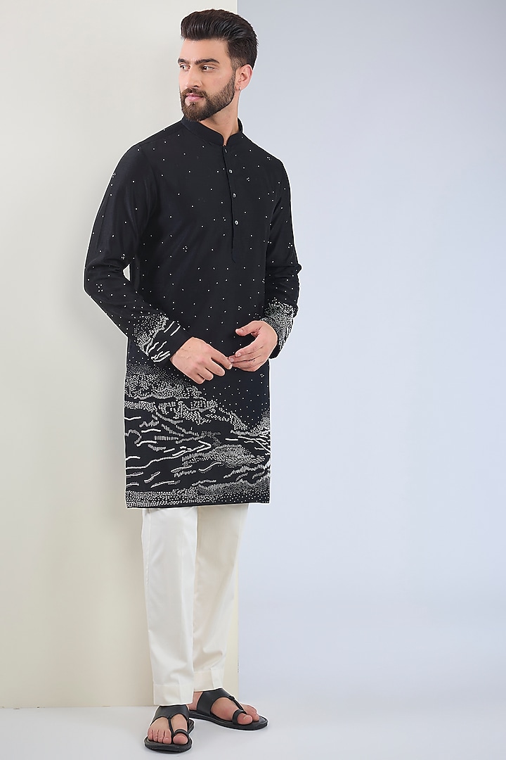 Black Chanderi Block Printed & Hand Embroidered Kurta Set by Countrymade