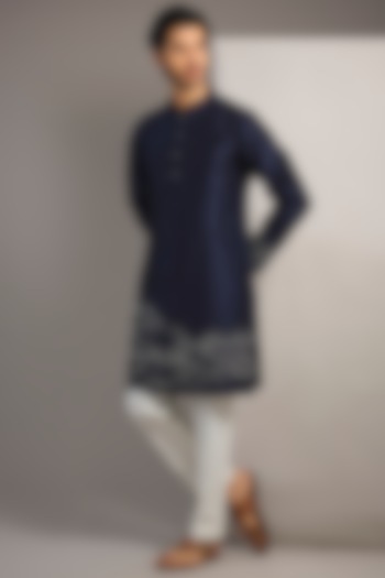Navy Blue Chanderi Hand Embroidered Kurta Set by Countrymade at Pernia's Pop Up Shop