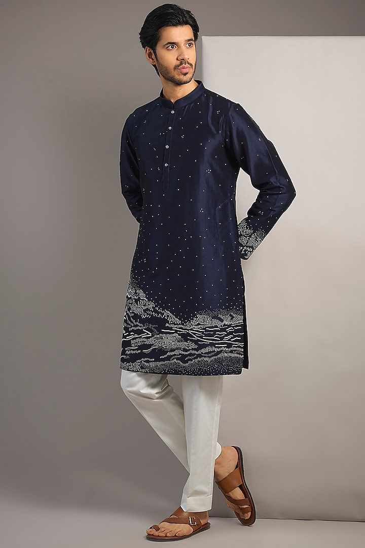 Navy Blue Chanderi Hand Embroidered Kurta Set by Countrymade at Pernia's Pop Up Shop