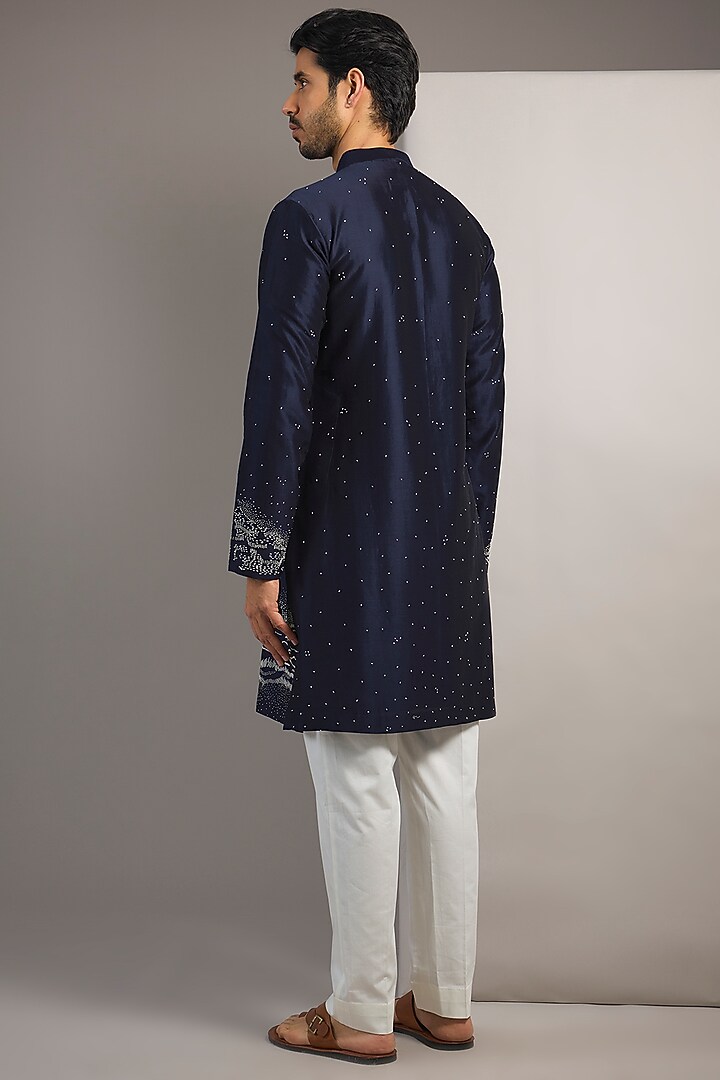 Navy Blue Chanderi Hand Embroidered Kurta Set by Countrymade at Pernia's Pop Up Shop