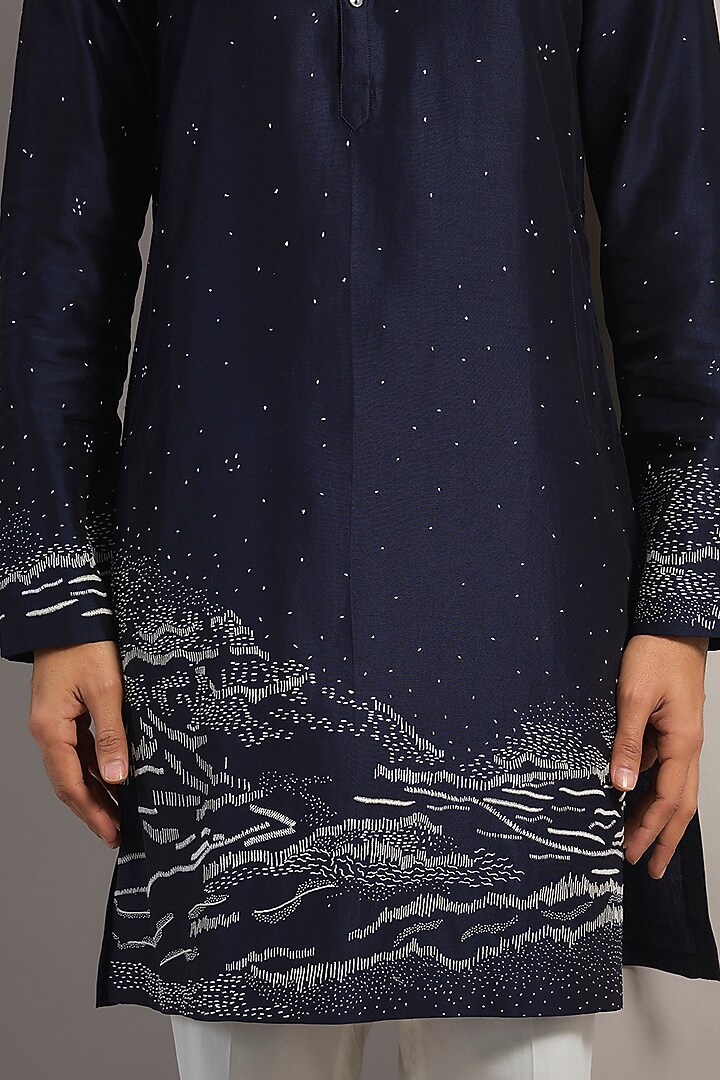 Navy Blue Chanderi Hand Embroidered Kurta Set by Countrymade at Pernia's Pop Up Shop