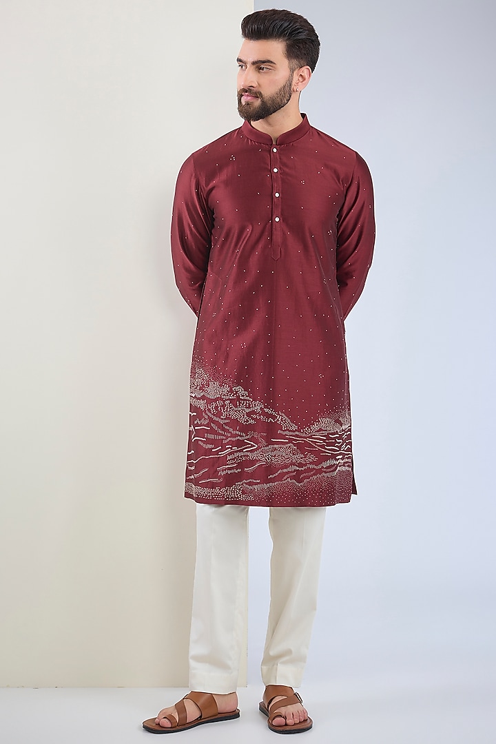 Maroon Chanderi Block Printed & Hand Embroidered Kurta Set by Countrymade