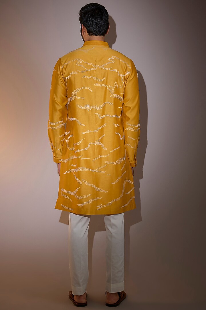 Mustard Chanderi Hand Embroidered Kurta Set by Countrymade at Pernia's Pop Up Shop