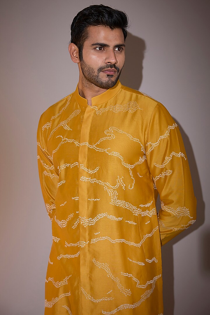 Mustard Chanderi Hand Embroidered Kurta Set by Countrymade at Pernia's Pop Up Shop