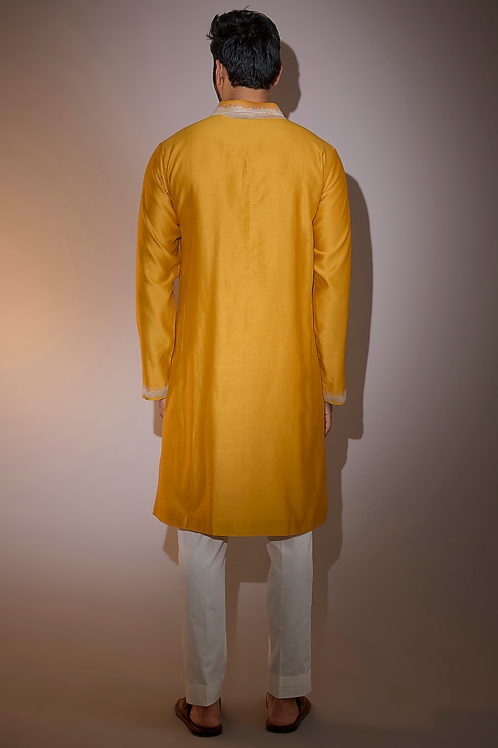 Mustard Chanderi Hand Embroidered Kurta Set by Countrymade at Pernia's Pop Up Shop
