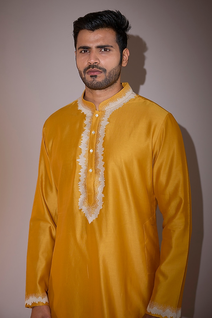 Mustard Chanderi Hand Embroidered Kurta Set by Countrymade at Pernia's Pop Up Shop