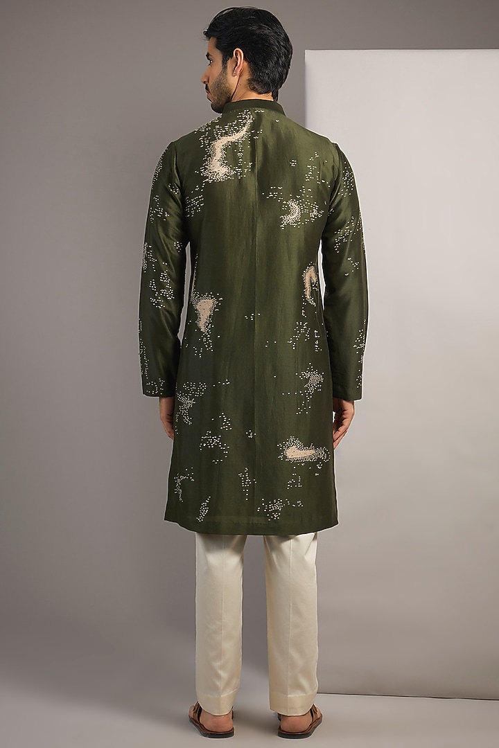 Navy-Olive Chanderi Hand Embroidered Kurta Set by Countrymade at Pernia's Pop Up Shop