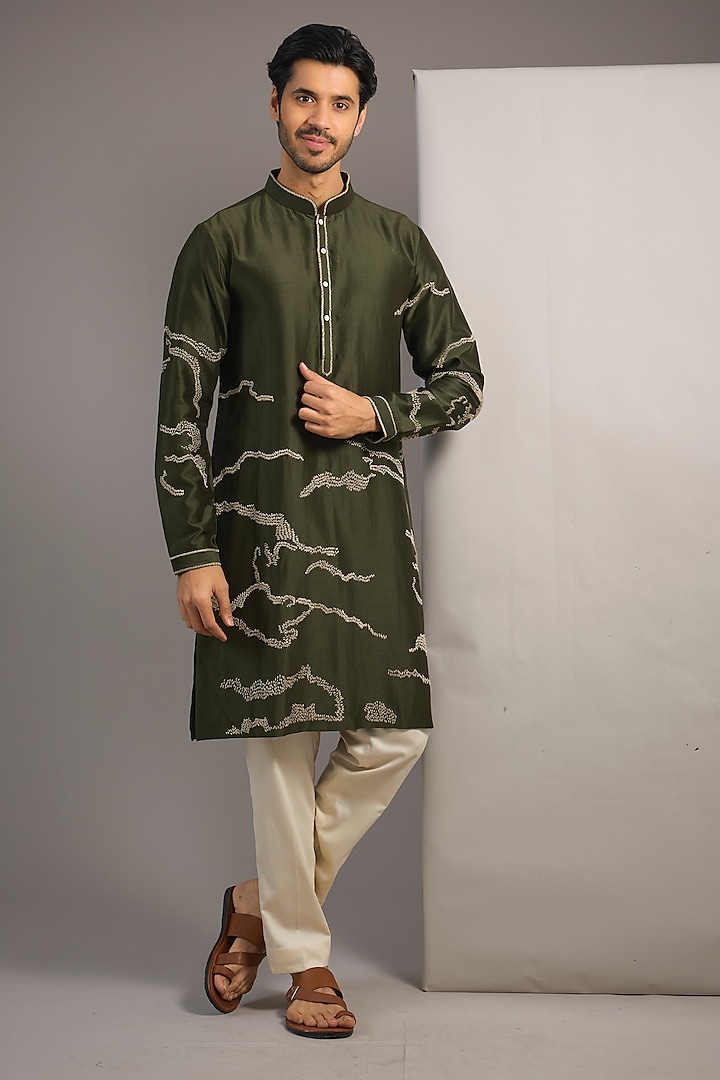 Olive Cotton Printed Kurta Set by Countrymade