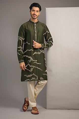 Olive Chanderi Embroidered Kurta Set by Countrymade