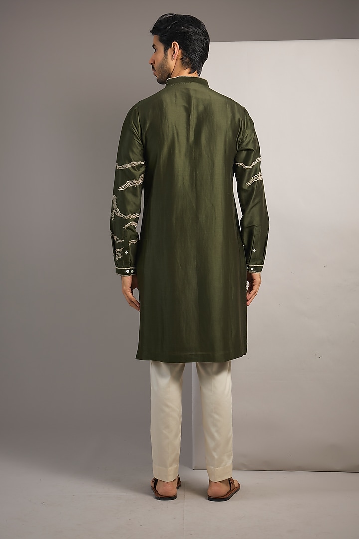 Olive Chanderi Embroidered Kurta Set by Countrymade at Pernia's Pop Up Shop