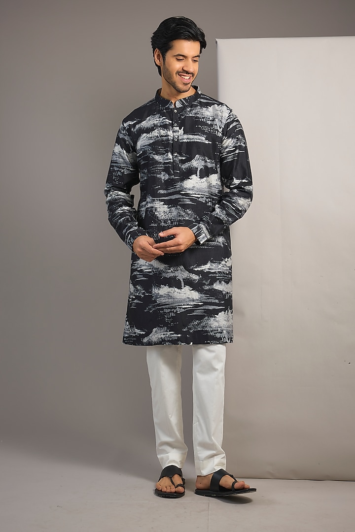 Black Cotton Printed Kurta by Countrymade