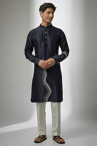 Blue Chanderi Hand Embroidered Kurta Set by Countrymade