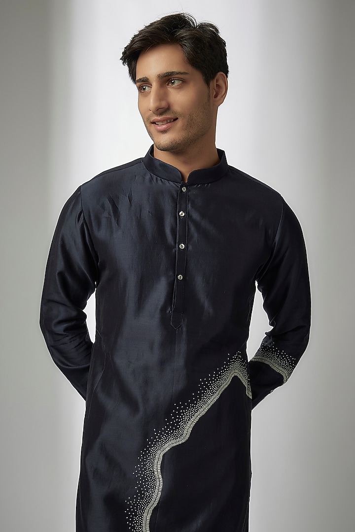 Blue Chanderi Hand Embroidered Kurta Set by Countrymade at Pernia's Pop Up Shop