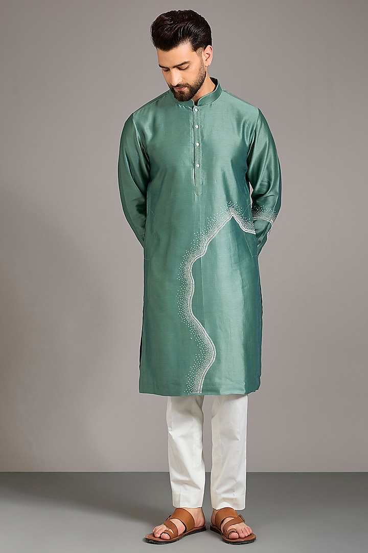 Sage Green Chanderi Embroidered Kurta Set by Countrymade