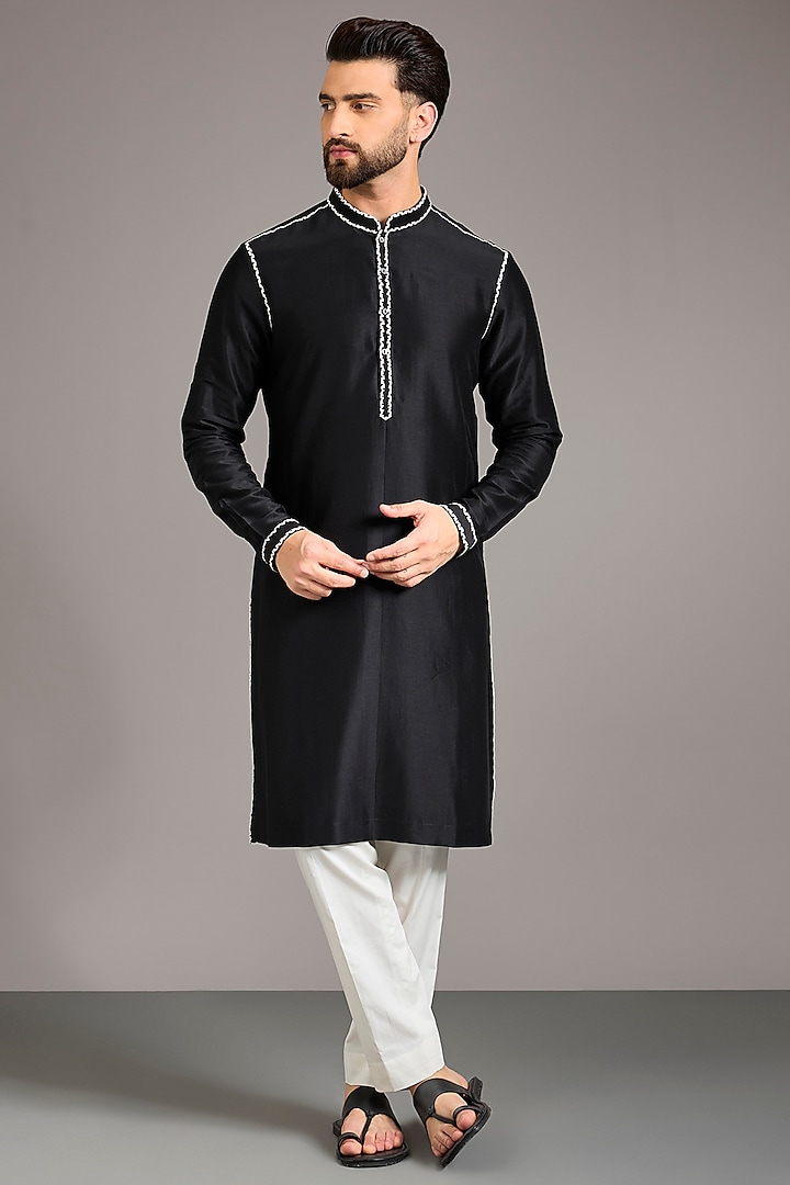 Black Chanderi Embroidered Kurta Set by Countrymade