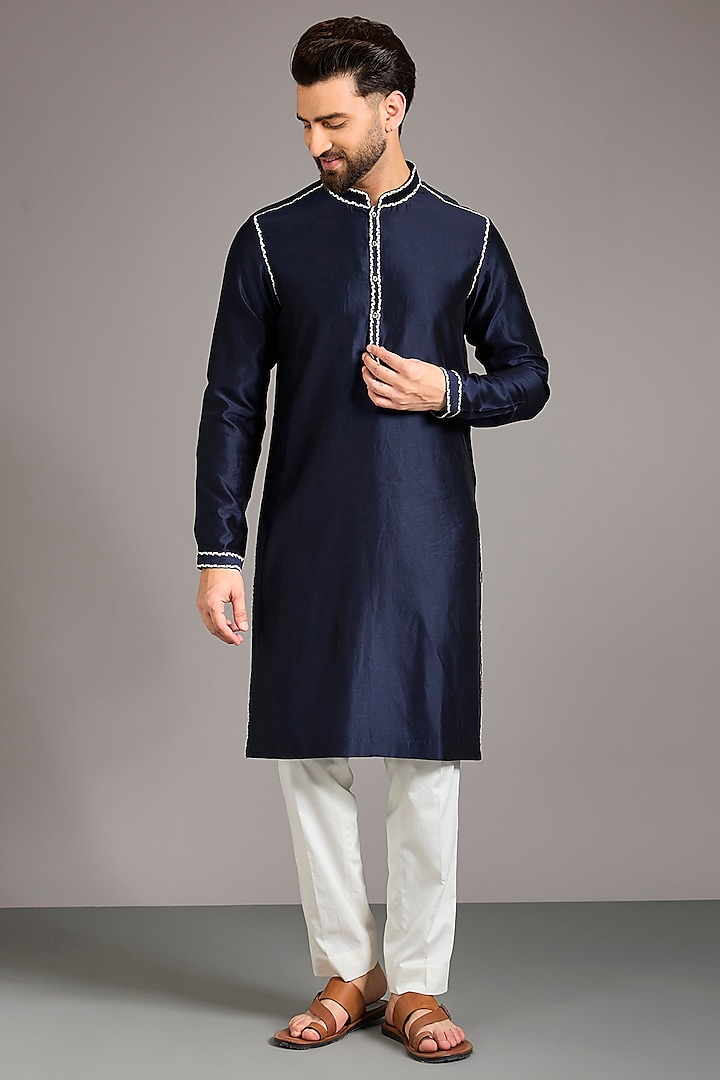 Navy Chanderi Embroidered Kurta Set by Countrymade