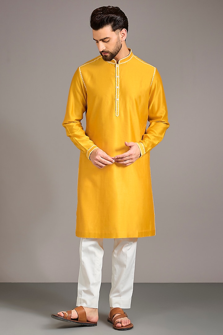 Mustard Chanderi Embroidered Kurta Set by Countrymade