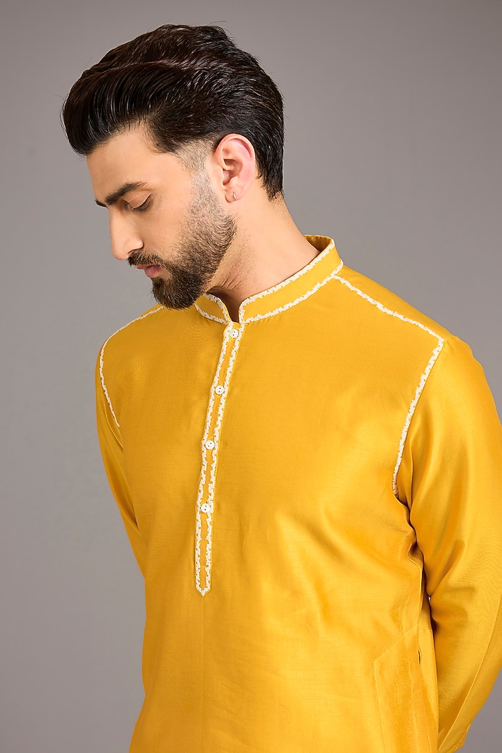 Mustard Chanderi Embroidered Kurta Set by Countrymade at Pernia's Pop Up Shop